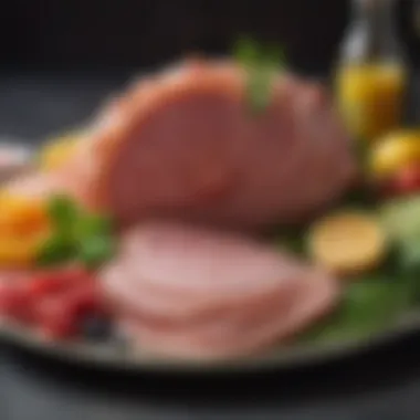 An elegant platter of sliced spiral ham garnished with herbs and fruits