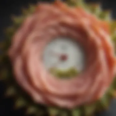 A thermometer inserted into a succulent spiral ham showing the ideal temperature