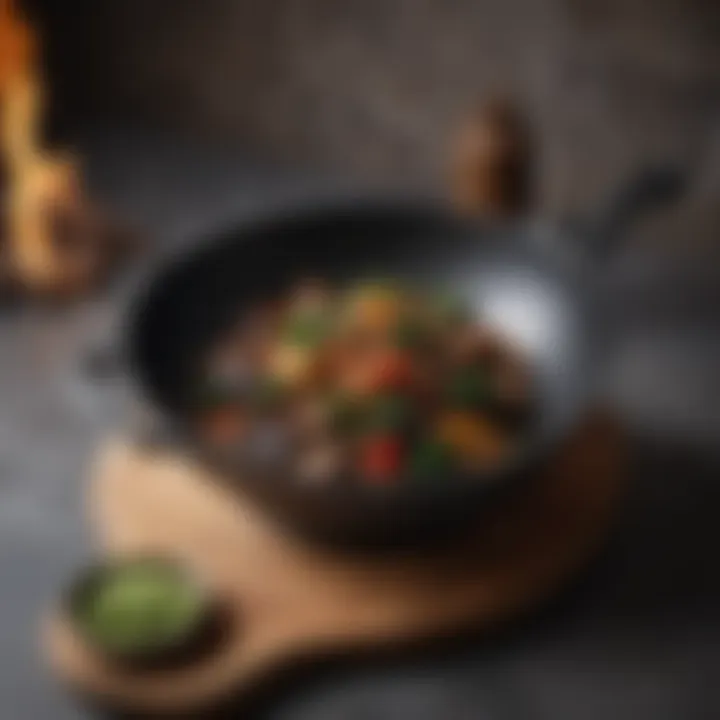 A close-up of the intricate texture and design of a cast iron wok.