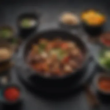 A variety of traditional dishes beautifully plated from a cast iron wok.