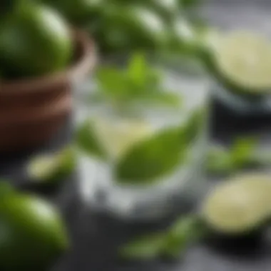 Close-up of fresh mint leaves and limes ready for use