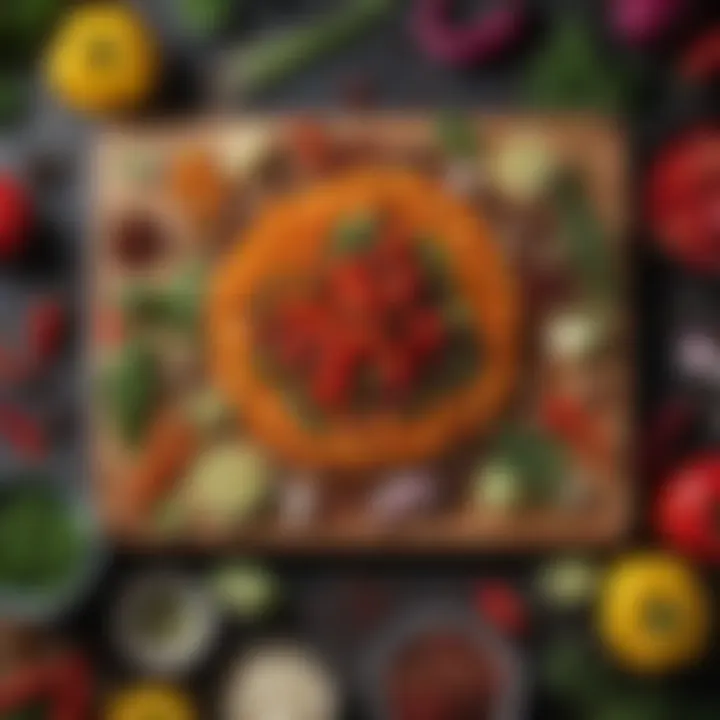 An array of vibrant ingredients, including vegetables and spices, arranged neatly on a wooden board, ready for cooking.