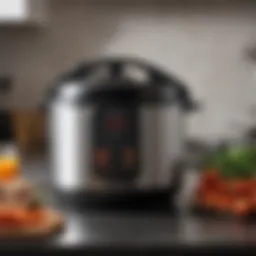 A sleek pressure cooker sitting atop a modern kitchen countertop, showcasing its design and functionality.
