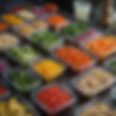 Colorful Meal Prep Essentials for Busy Schedules A vibrant assortment of prepped vegetables and proteins in containers.