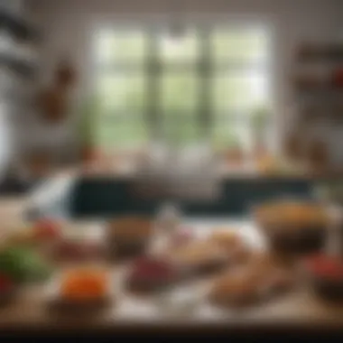 Efficient Kitchen Setup for Culinary Success An organized kitchen workspace with neatly arranged ingredients and tools.