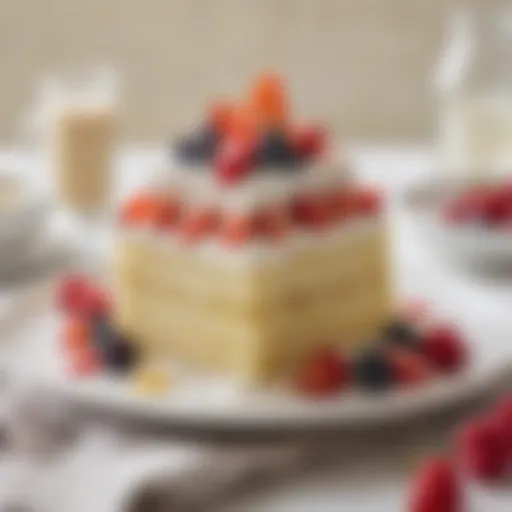 A beautifully arranged Tres Leches Cake topped with fresh fruit and whipped cream