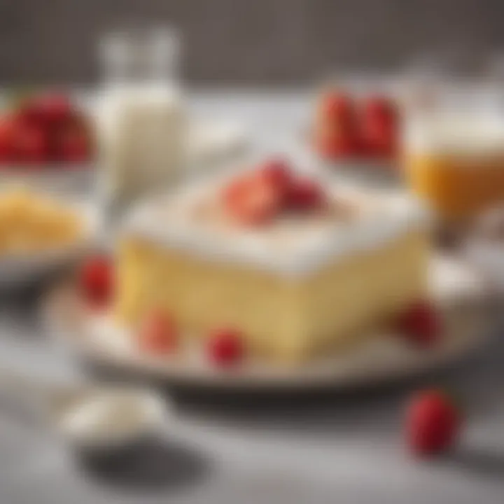 Ingredients laid out for Tres Leches Cake, including milk and cake mix