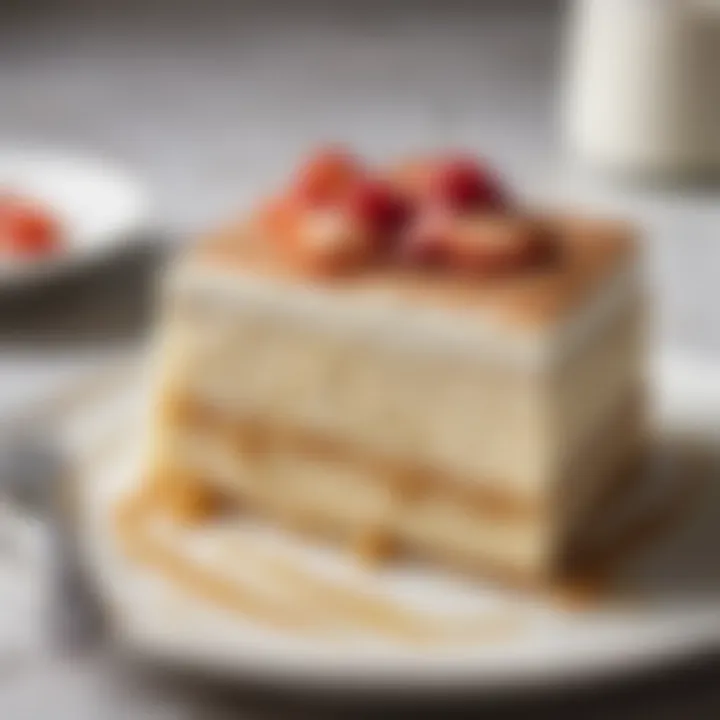 A slice of Tres Leches Cake with visible layers of milk soak, served on a plate