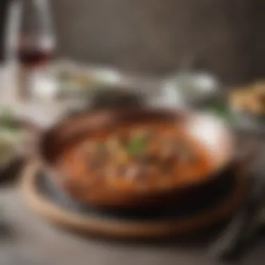Gourmet Presentation in Mauviel Copper A gourmet dish plated in a Mauviel copper saute pan