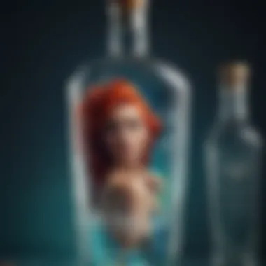 Close-up view of a captivating bottle of Mermaid Tears Vodka showcasing its unique design and vibrant colors.