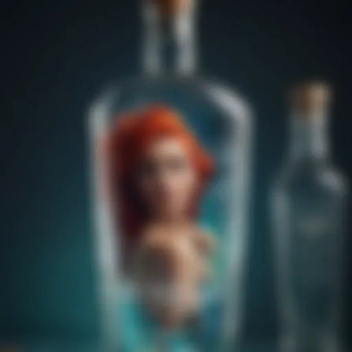 Close-up view of a captivating bottle of Mermaid Tears Vodka showcasing its unique design and vibrant colors.