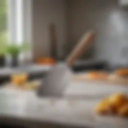 A sleek and modern Misen spatula resting on a vibrant kitchen countertop.