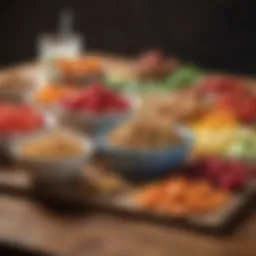 A colorful array of low fat, low sugar snacks beautifully arranged on a wooden table.