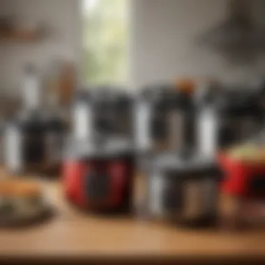 An array of different pressure cooker models highlighting variety in features and sizes.