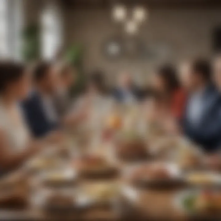 A group of colleagues engaged in lively conversation during a work luncheon, fostering connections.