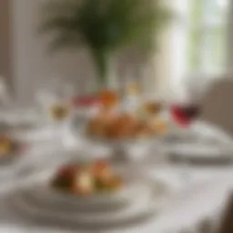 A beautifully arranged table set for a work luncheon, featuring a variety of dishes and drinks.