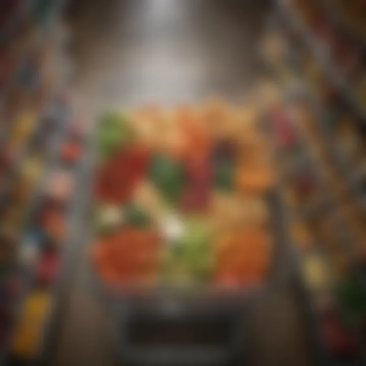 An overhead view of a grocery cart filled with essential items.