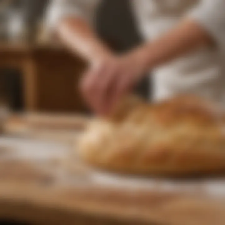 A skilled baker shaping dough on a wooden surface