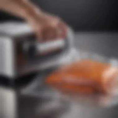 Close-up of a vacuum sealer in action sealing a bag