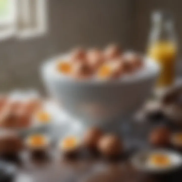 A bowl of ice water placed next to boiled eggs