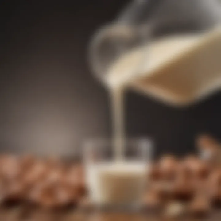 A close-up of homemade nut milk being poured into a glass