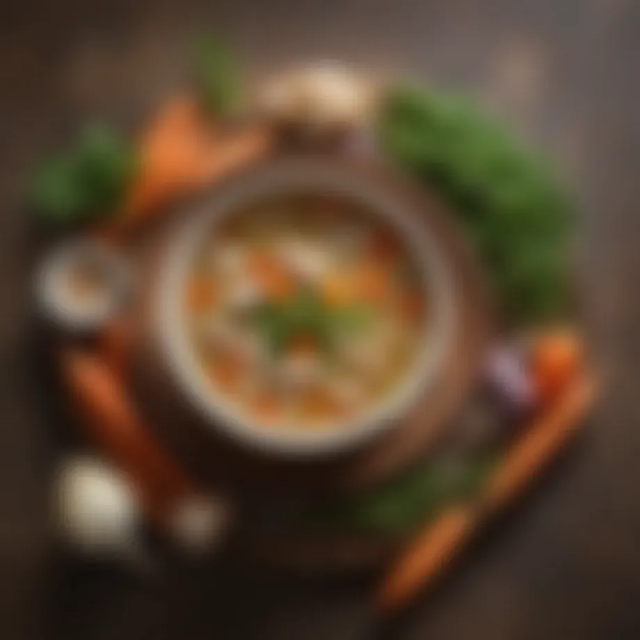 A vibrant bowl of chicken soup with vegetables and herbs