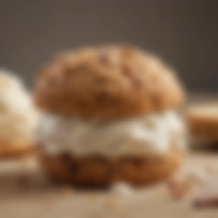 Close-up of a single oatmeal cookie with a scoop of ice cream in between, highlighting the texture.