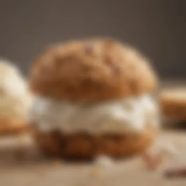Oatmeal Cookie and Ice Cream Close-Up Close-up of a single oatmeal cookie with a scoop of ice cream in between, highlighting the texture.