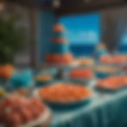 A vibrant ocean-themed birthday party setup featuring coral decorations and blue accents.