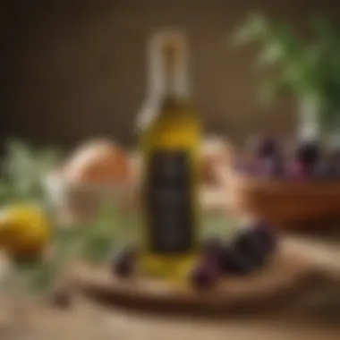 An olive oil bottle displayed with fresh olives and herbs