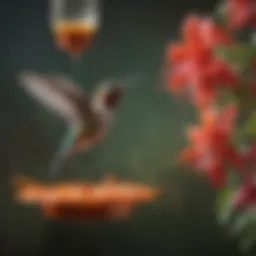 Vibrant hummingbird approaching a feeder filled with nectar