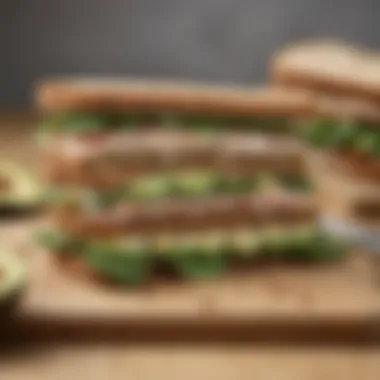 A beautifully assembled sandwich showcasing whole grain bread layered with avocado, turkey, and spinach.