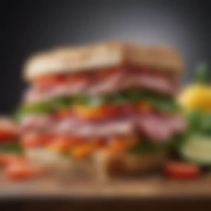 A colorful array of diabetic-friendly sandwich ingredients, including whole grain bread, lean meats, and fresh vegetables.