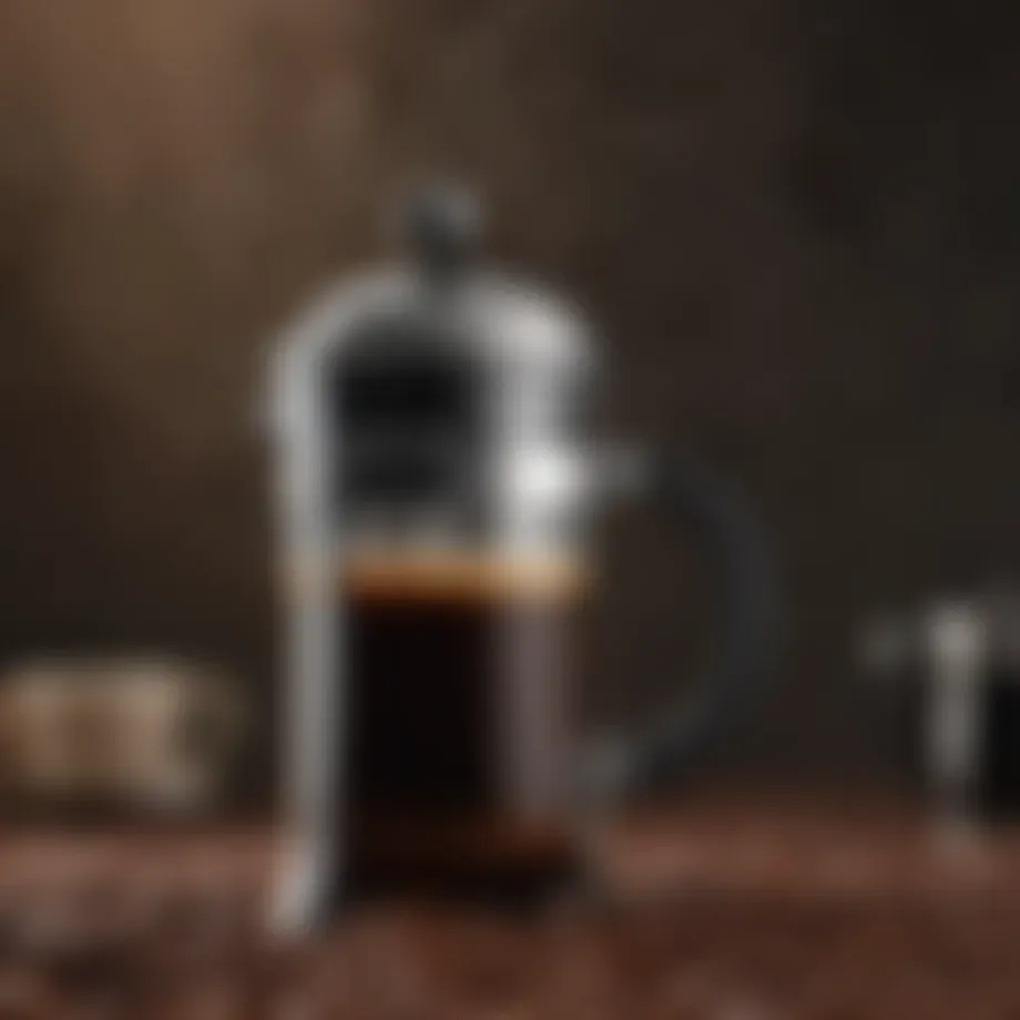 A close-up view of French press coffee surrounded by coffee beans
