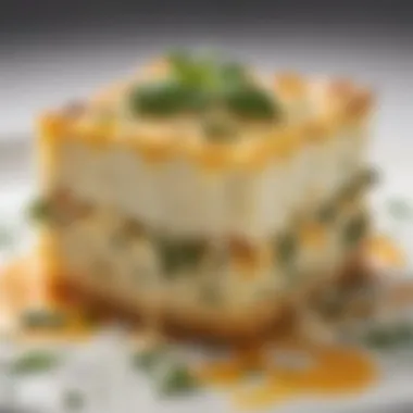 Close-up of bubbling cheese and aromatic herbs on a freshly baked dish