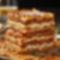 Sizzling layers of lasagna showcasing golden cheese and rich sauce