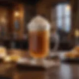 A cozy setting with a steaming mug of butterbeer topped with frothy cream.