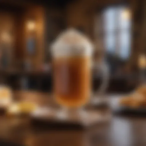 A cozy setting with a steaming mug of butterbeer topped with frothy cream.