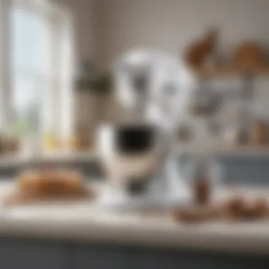 A well-organized kitchen featuring a cake mixer on the counter