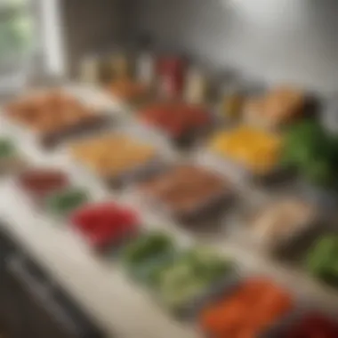 An organized meal prep station with containers filled with healthy meals