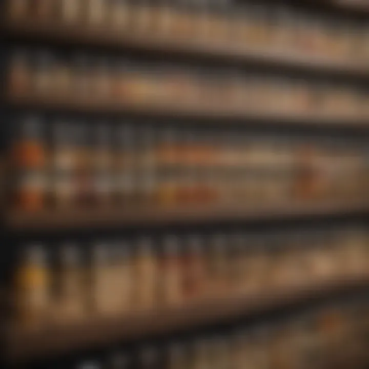 Organized spice collection with labeled jars on a sleek rack