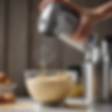 Close-up of an Oster hand mixer in action, blending ingredients in a bowl.