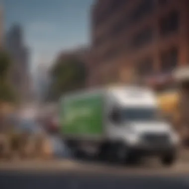 A busy urban environment with delivery vehicles