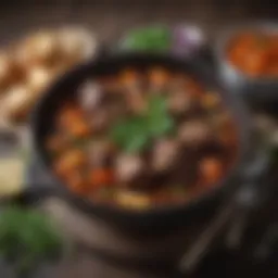 A bowl of rich oxtail stew garnished with herbs and vegetables