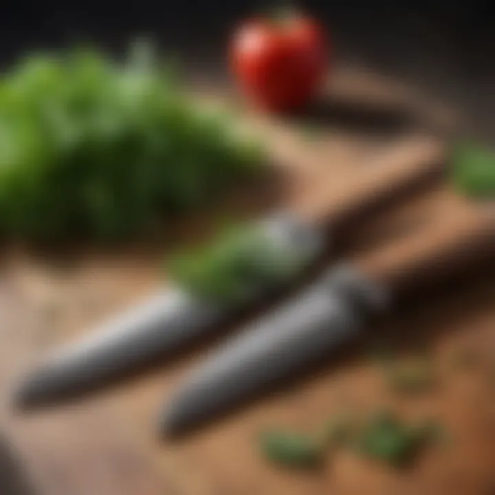 A paring knife alongside fresh herbs on a rustic table