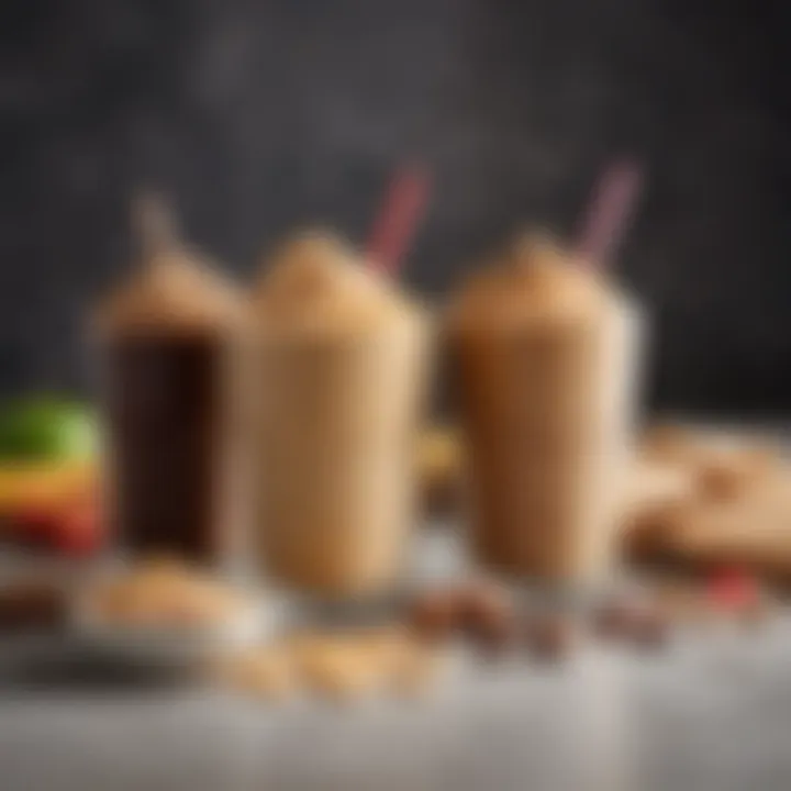 A bowl of toppings next to a glass of peanut butter smoothie, showcasing various options