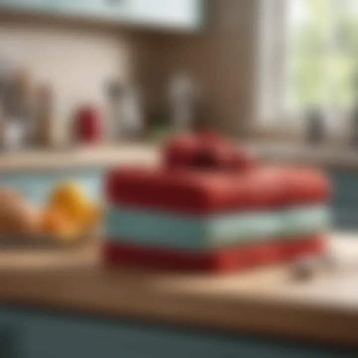 Variety of personalized dish towels displayed in a vibrant kitchen setting.