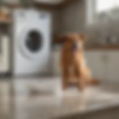 A fresh dryer sheet on a countertop with a pet in the background.