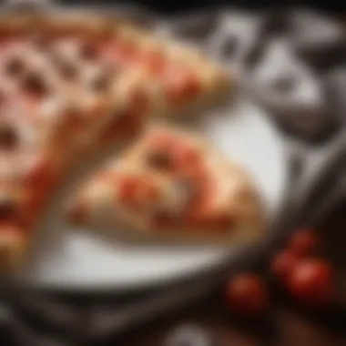 Close-up of a slice of pizza on a plate with a weighted blanket in the background