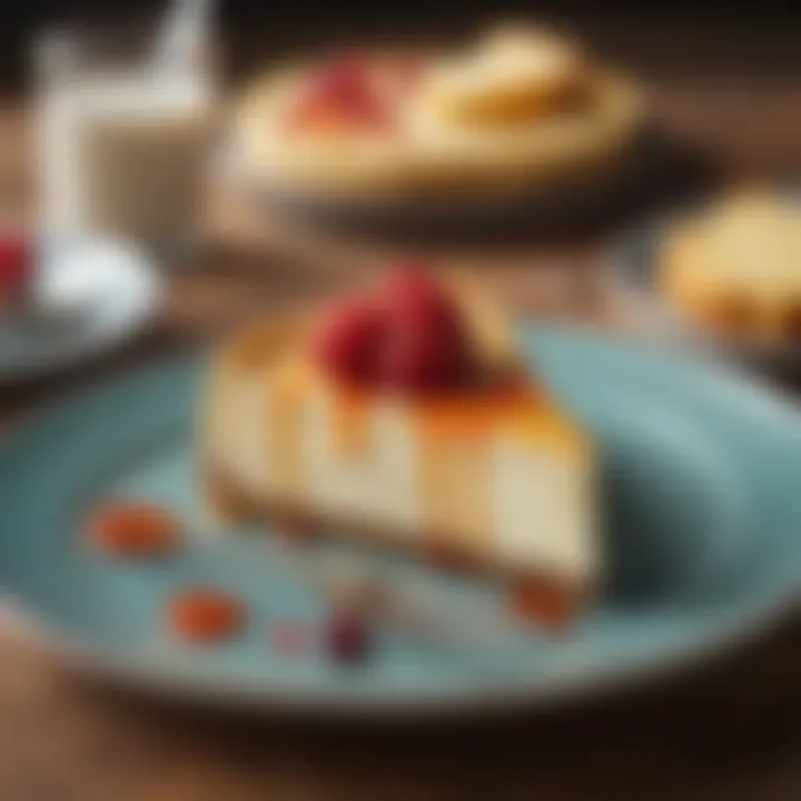 Artistic view of cheesecake with a fork and decorative plate